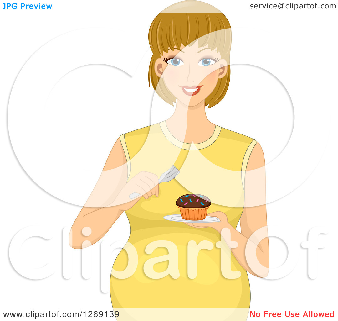 Clipart Of A Happy Blond Pregnant White Woman Eating A Cupcake