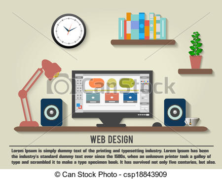 Clipart Of Modern Office Interior With Designer Desktop In Flat Design