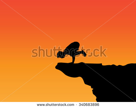 Crow Pose On Cliff Edge Silhouette While Sunset  Orange Background