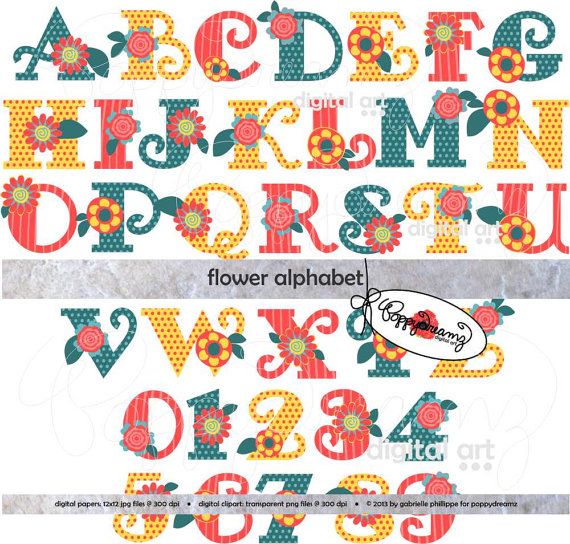 Digital Scrapbook Letters Numbers Flower Clipart Colorful Alphabet