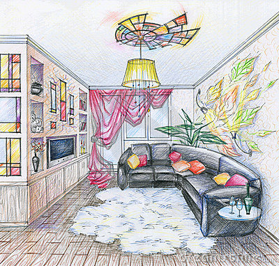 Hand Drawn Sketch Of Interior Of Living Room With Black Sofa Shelfs