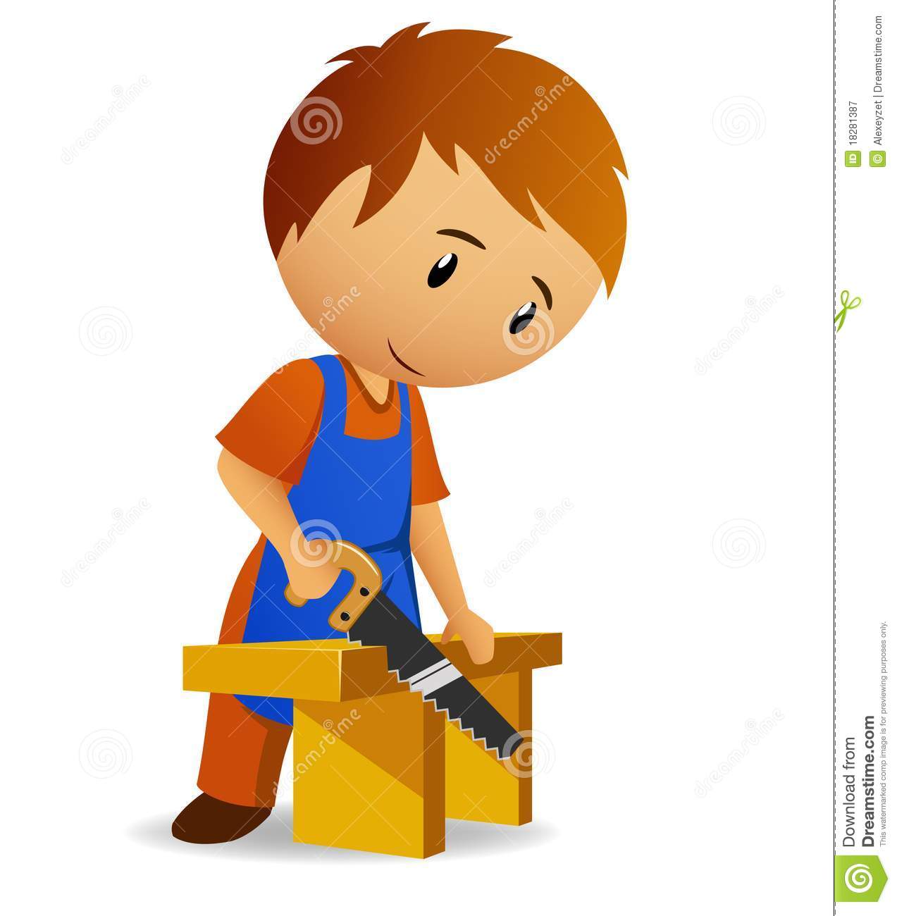 Illustration  Cartoon Carpenter Cutting The Wooden Panel With Handsaw