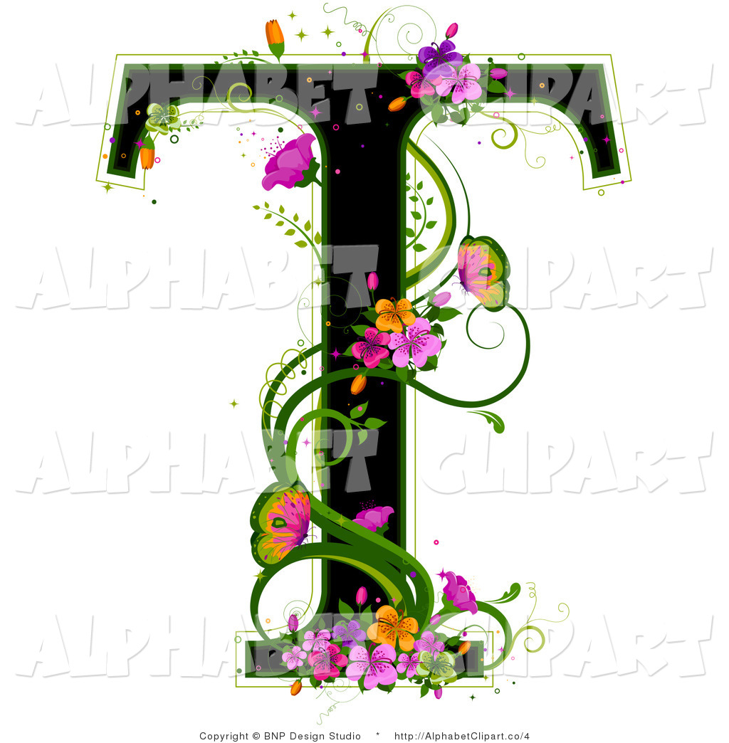 Illustration Of A Black Letter T With Butterflies And A Flowering