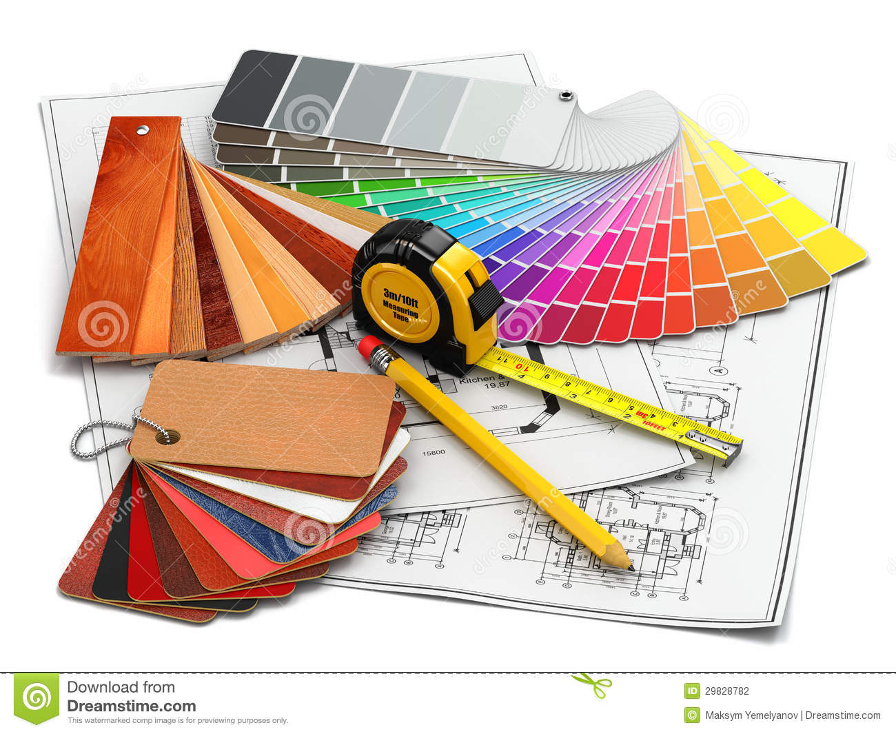 Interior Design  Architectural Materials Tools And Blueprints Stock
