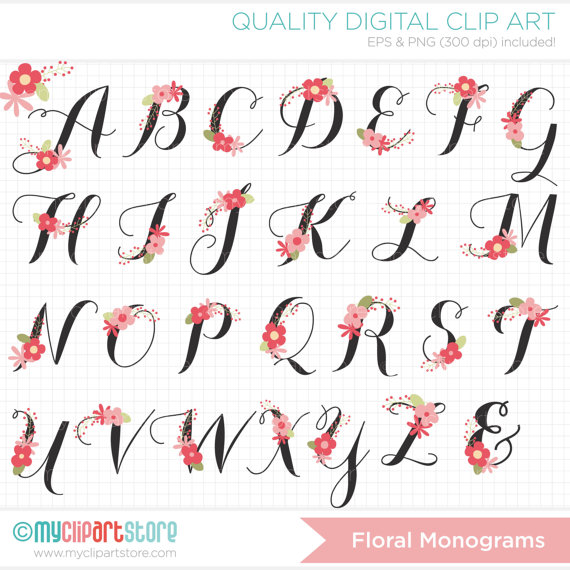 Monogram   Flowers Abc   Floral Alphabet Clip Art   Digital Clipart
