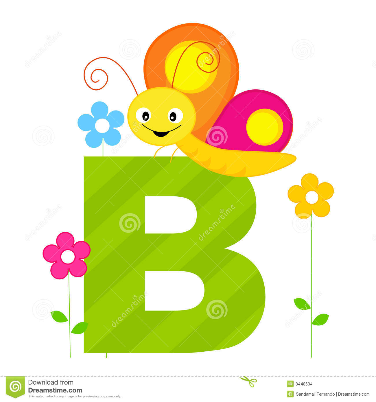 Of Alphabet Letter B With A Cute Little Butterfly And Flowers