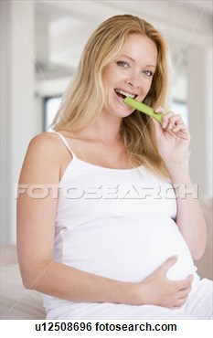 Stock Photo   Pregnant Woman Eating Celery And Smiling  Fotosearch
