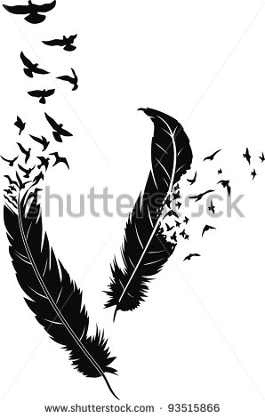 Two Stylized Feathers With Scattering Birds In The Form Of A Tattoo    