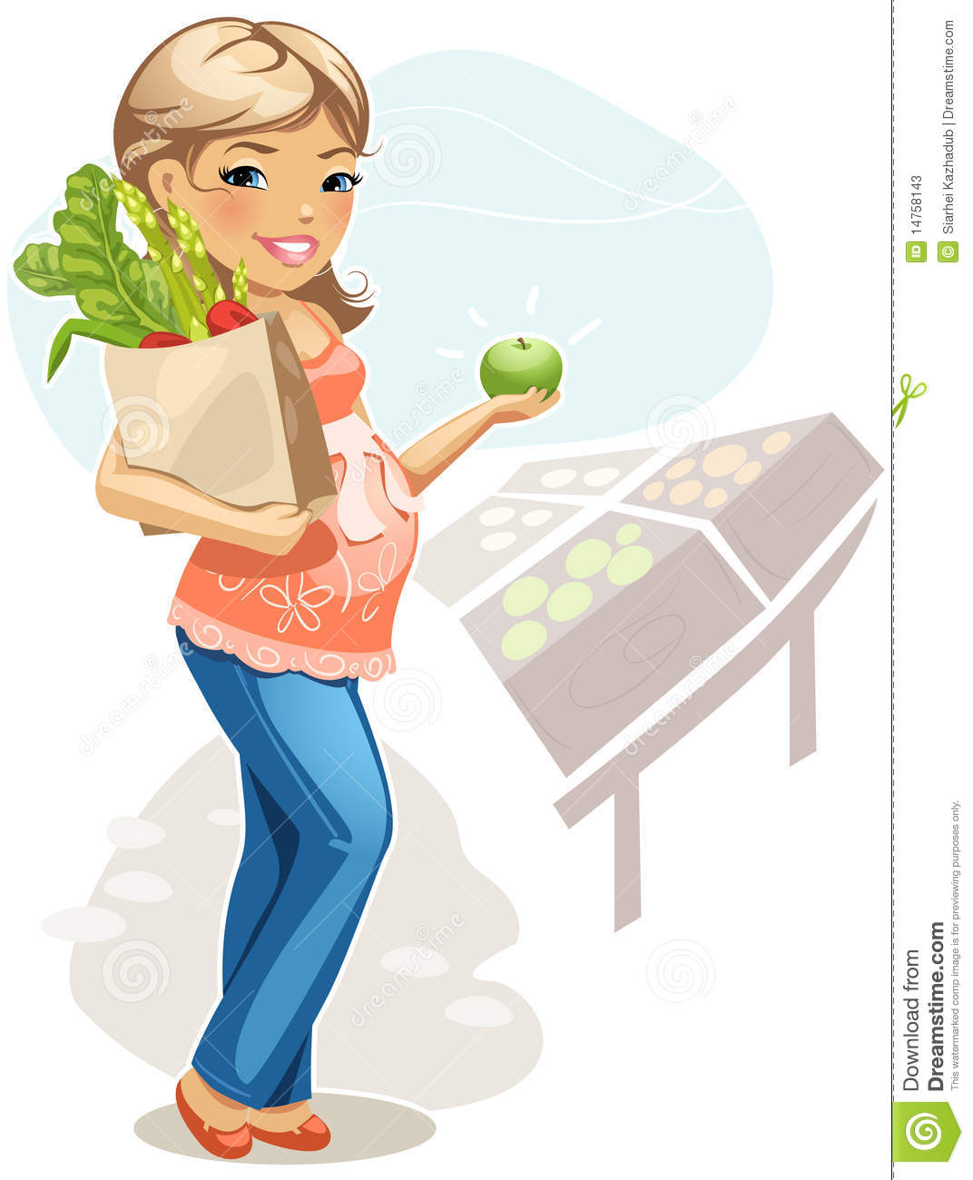 Vector Cartoon Illustration Of Pregnant Woman On Vegetable Market