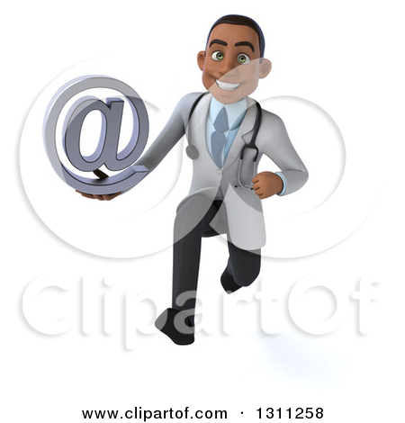 Clipart Of A 3d Young Black Male Doctor Sprinting And Holding An Email    