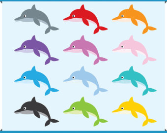 Digital Clip Art   Cute Dolphin In 12 Colors   Instant Download
