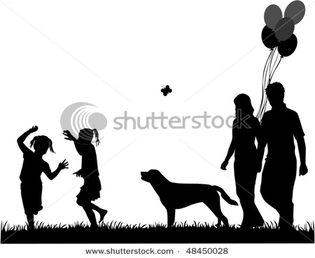 Family Walking The Dog   Vector Clip Art Illustration Picture