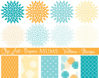 Mums Flower Clip Art   Digital Pape Rs    Photoshop Brushes    Blue    