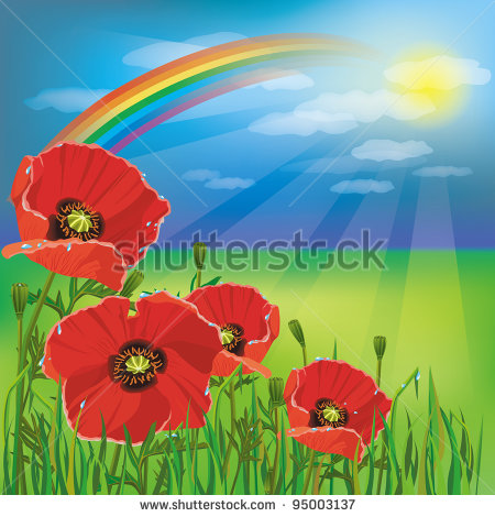 Nature Background Summer Landscape After Rain With Flowers Red