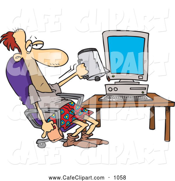 Vector Cartoon Clip Art Of A Tired White Man Sitting At A Computer By