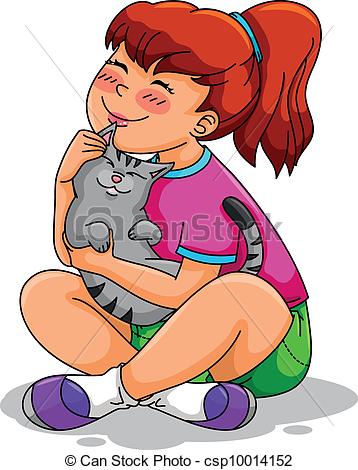 Clipart Vector Of Girl And Her Cat   Girl Hugging Her Cat Csp10014152    