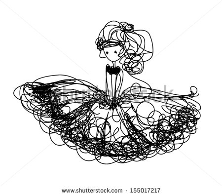 Drawn Girl Illustration With Tutu Dress Black Line Art   Stock Vector