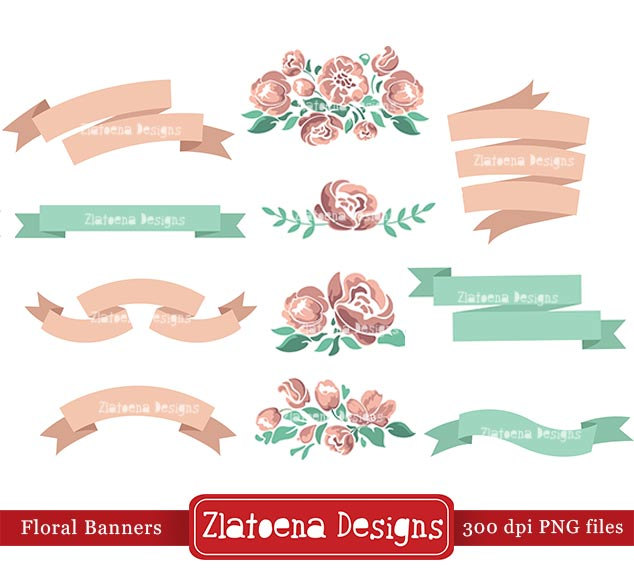 Floral Banner Clipart   Digital Scrapbooking Shabby Chic Clipart Pink