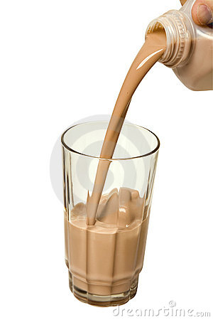 Pouring A Glass Of Chocolate Milk From A Plastic Jug Isolated With