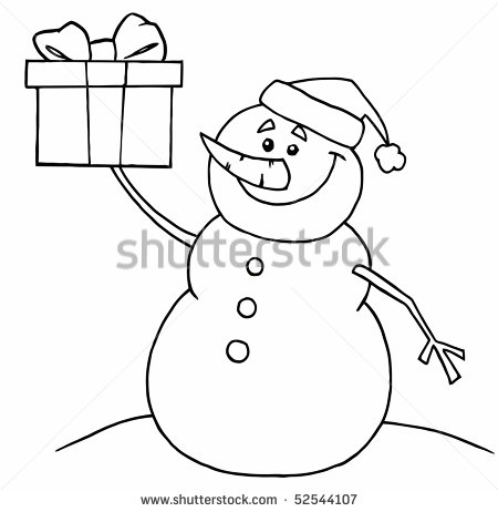 Black And White Coloring Page Outline Of A Snowman Holding A Gift