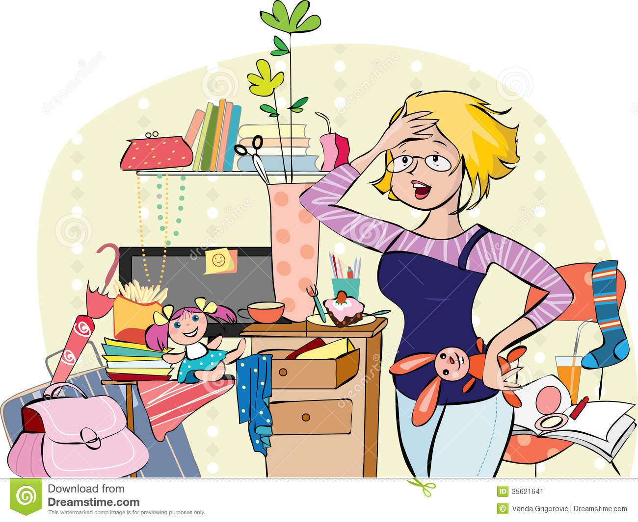 Vector Illustration Of A Young Overhelmed Mom Trying To Get Together
