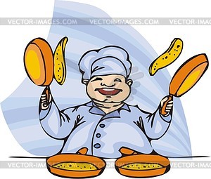 Chef Tosses Pancakes On Griddles   Vector Clipart