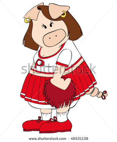 Cheerleader Pig With Red Pleated Skirt And Pon Pon    Stock Vector