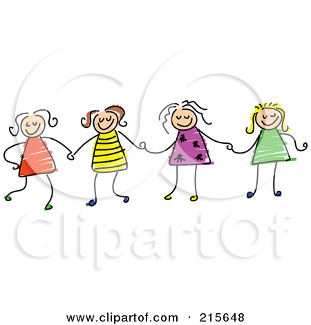 Clipart Illustration Of A Childs Sketch Of Four Girls Holding Hands By