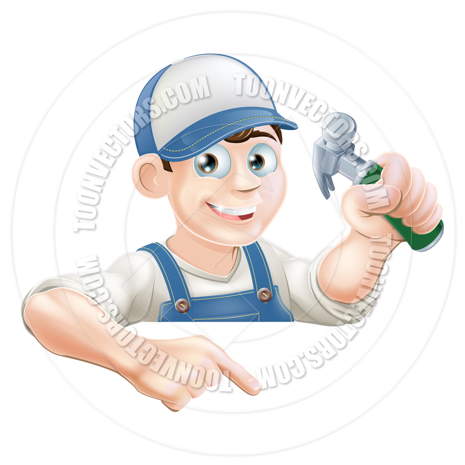 Construction Guy Pointing At Banner By Geoimages   Toon Vectors Eps