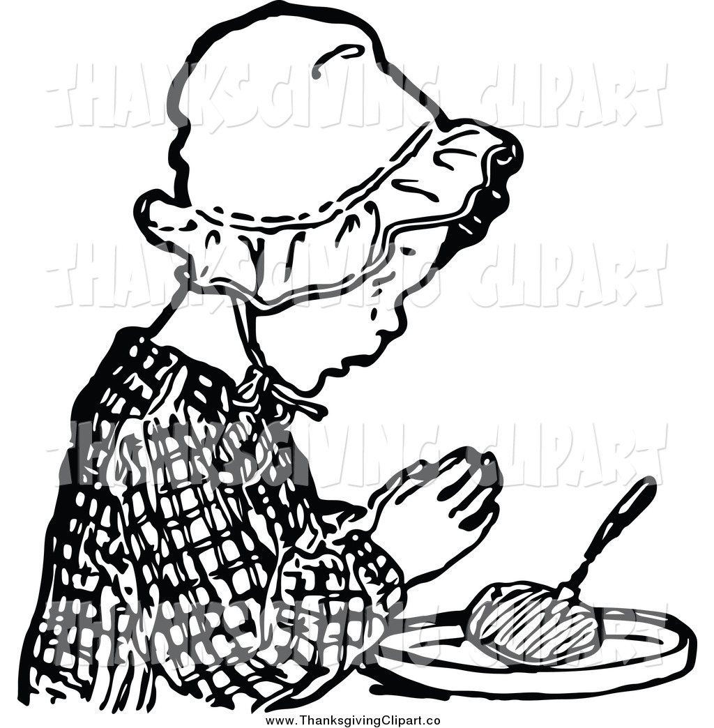 Vector Clip Art Of A Vintage Black And White Girl Praying Before Food