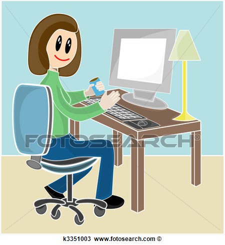 Woman Sitting At Desk In Front Of Computer View Large Clip Art Graphic