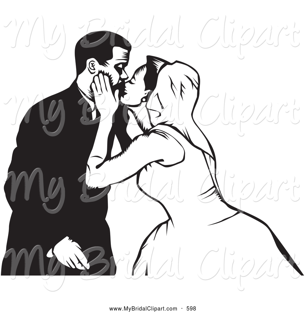 Bridal Clipart Of A Black And White Wedding Couple Kissing By David