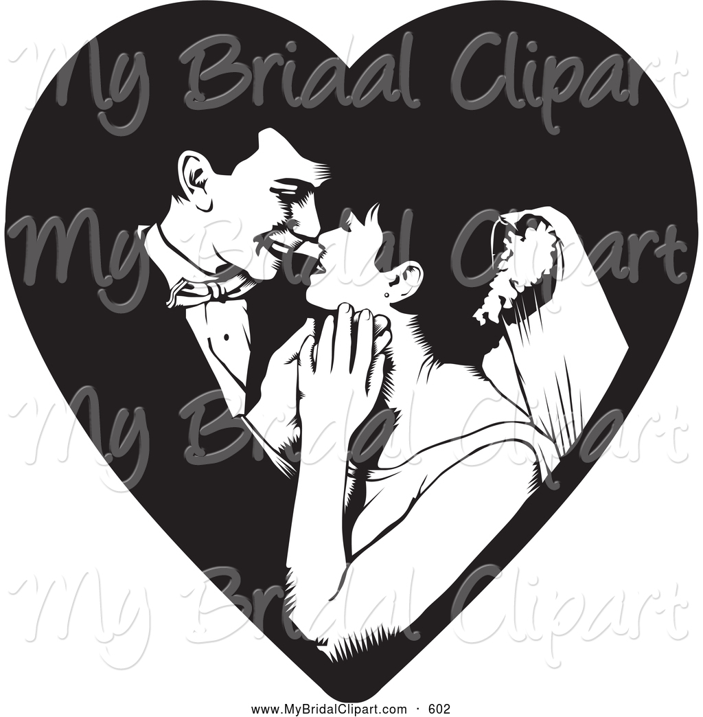 Bridal Clipart Of A Black And White Wedding Couple Kissing By David