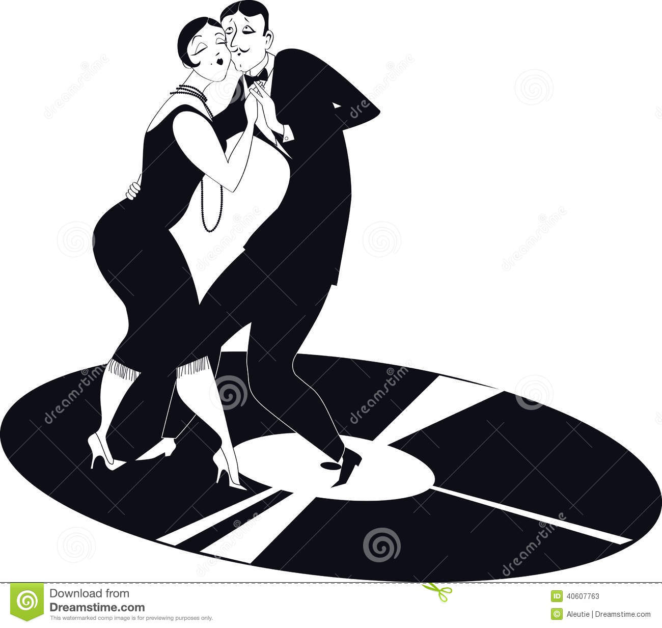 Cartoon Couple Dancing Tango On A Gramophone Record Black And White