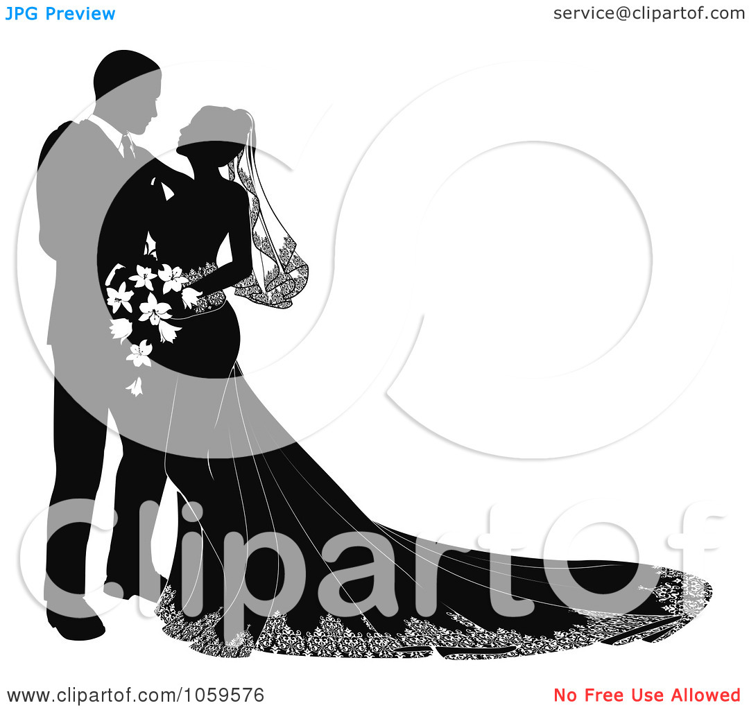 Clip Art Illustration Of A Black And White Silhouetted Wedding Couple