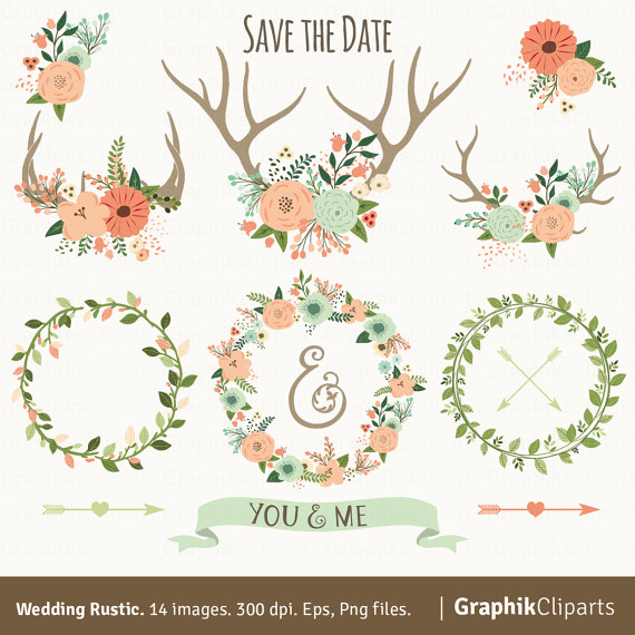 Rustic Wedding Clipart  Wedding Clipart  Floral Antlers Floral