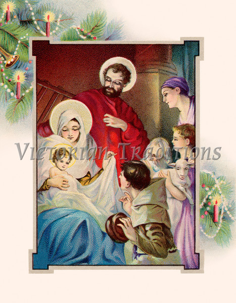 Vintage Clip Art   Nativity Scene Framed With Christmas Tree Boughs    