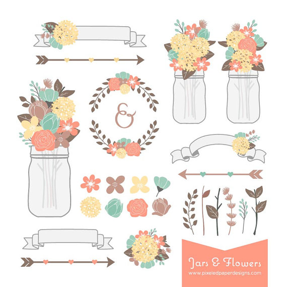 Wedding   Rustic Flower   Mason Jar Digital Clipart   Graphics For    