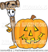 Wood Mallet Mascot Cartoon Character With A Carved Halloween Pumpkin
