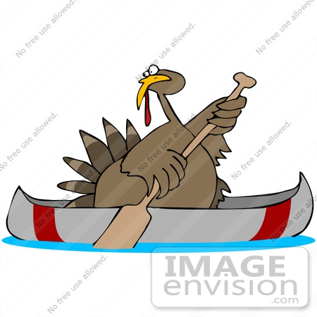 Clip Art Graphic Of A Turkey Bird Using A Canoe To Escape Hungry    