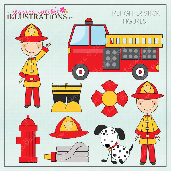 Firefighter Stick Figures Cute Digital Clipart For Card Design
