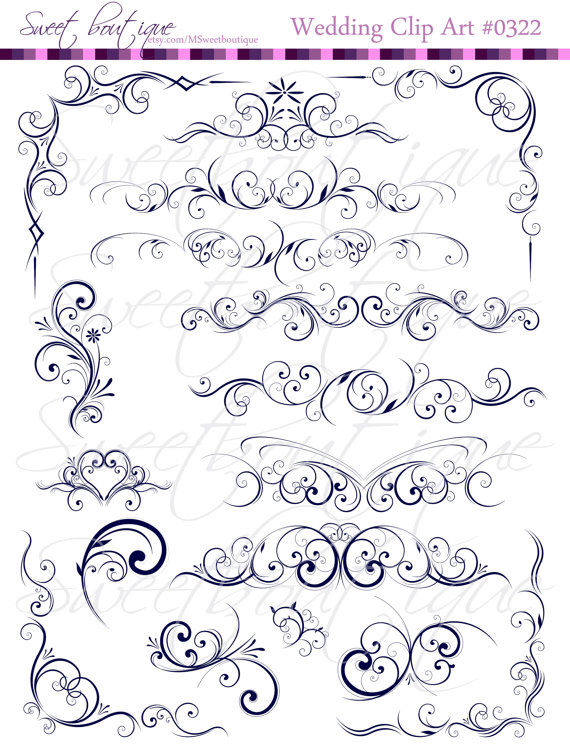 Navy Blue Digital Flourish Swirls Clip Art Wedding Clip Art Digital    