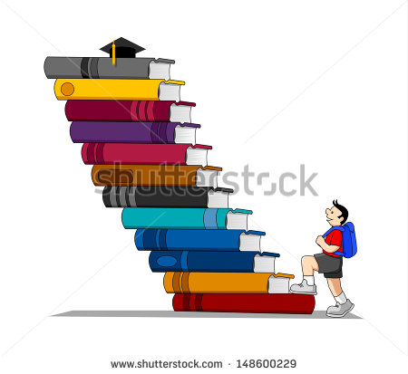 Of A Boy Who Climbing The Stairs Made Of Books   Stock Photo