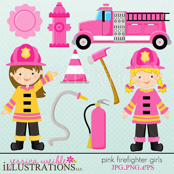 Pink Firefighter Girls Cute Digital Clipart For Invitations Card