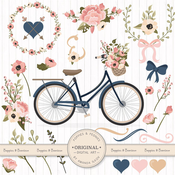 Premium Wedding Clipart   Vectors   Navy And Blush Bicycle Clipart