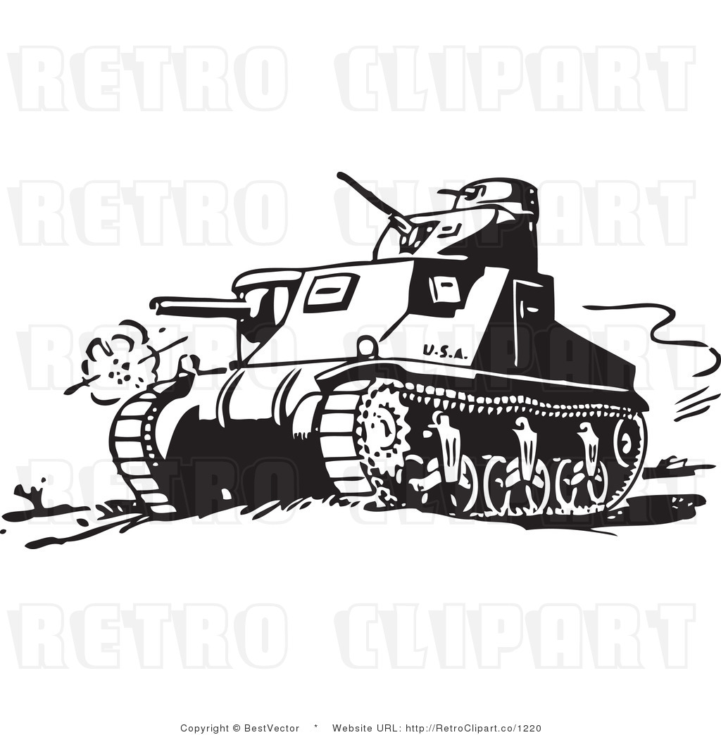 Royalty Free Black And White Retro Vector Clip Art Of A Military Tank