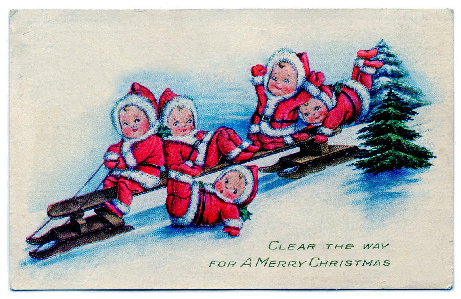 Vintage Christmas Clip Art   Baby Santas On Sled   The Graphics Fairy