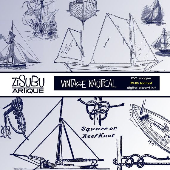 Vintage Nautical 100 Images Clipart Kit In Navy Blue For Sailing Them