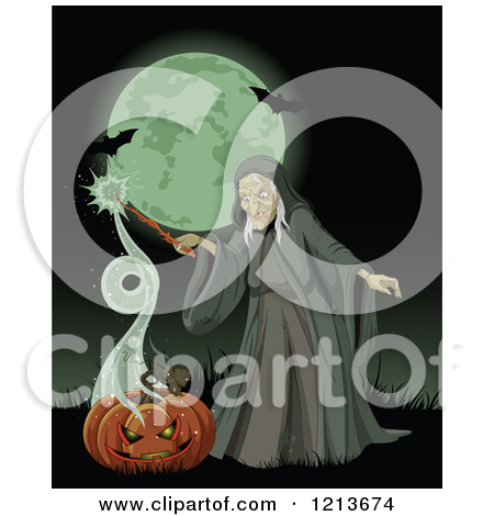 Witch Conjuring A Magic Spell From A Halloween Pumpkin Against A Full    
