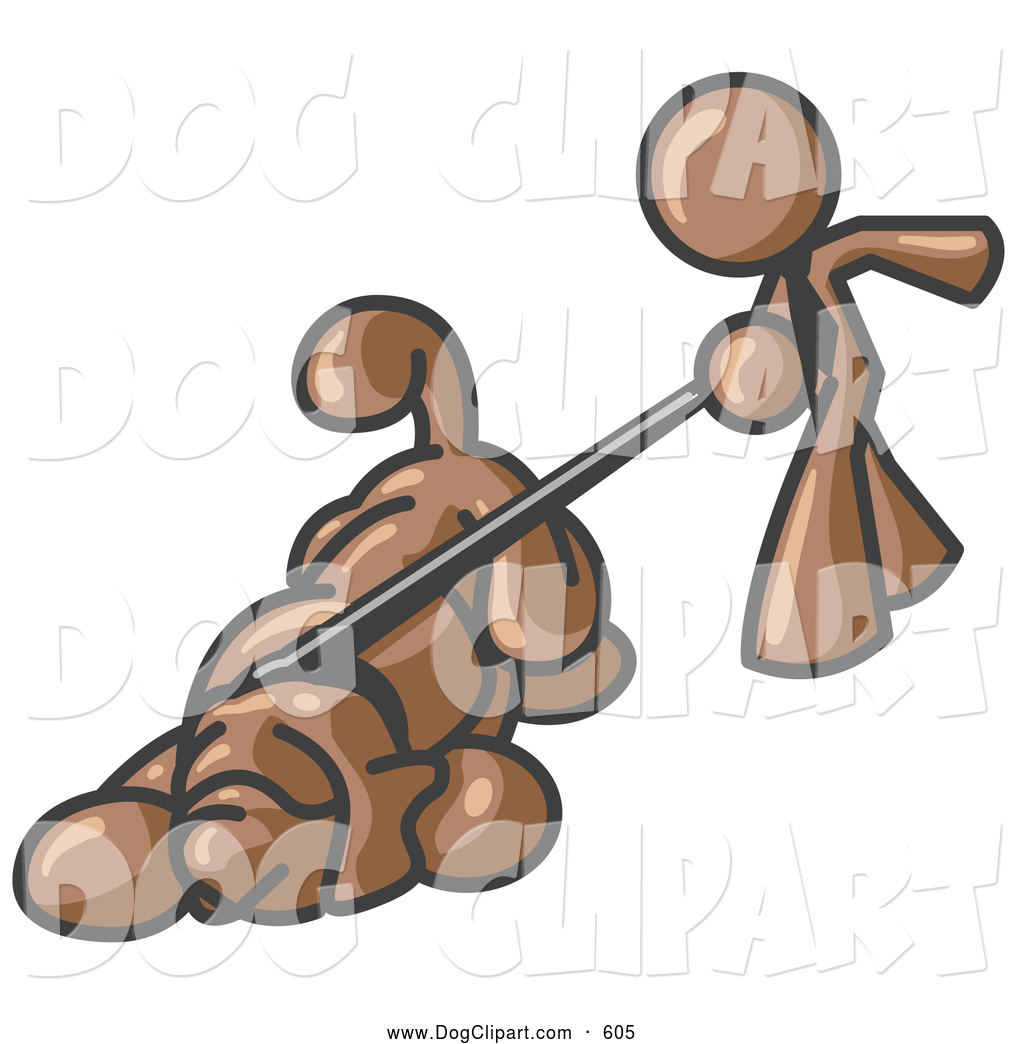 Clip Art Of A Friendly Brown Man Walking A Dog That Is Pulling On A
